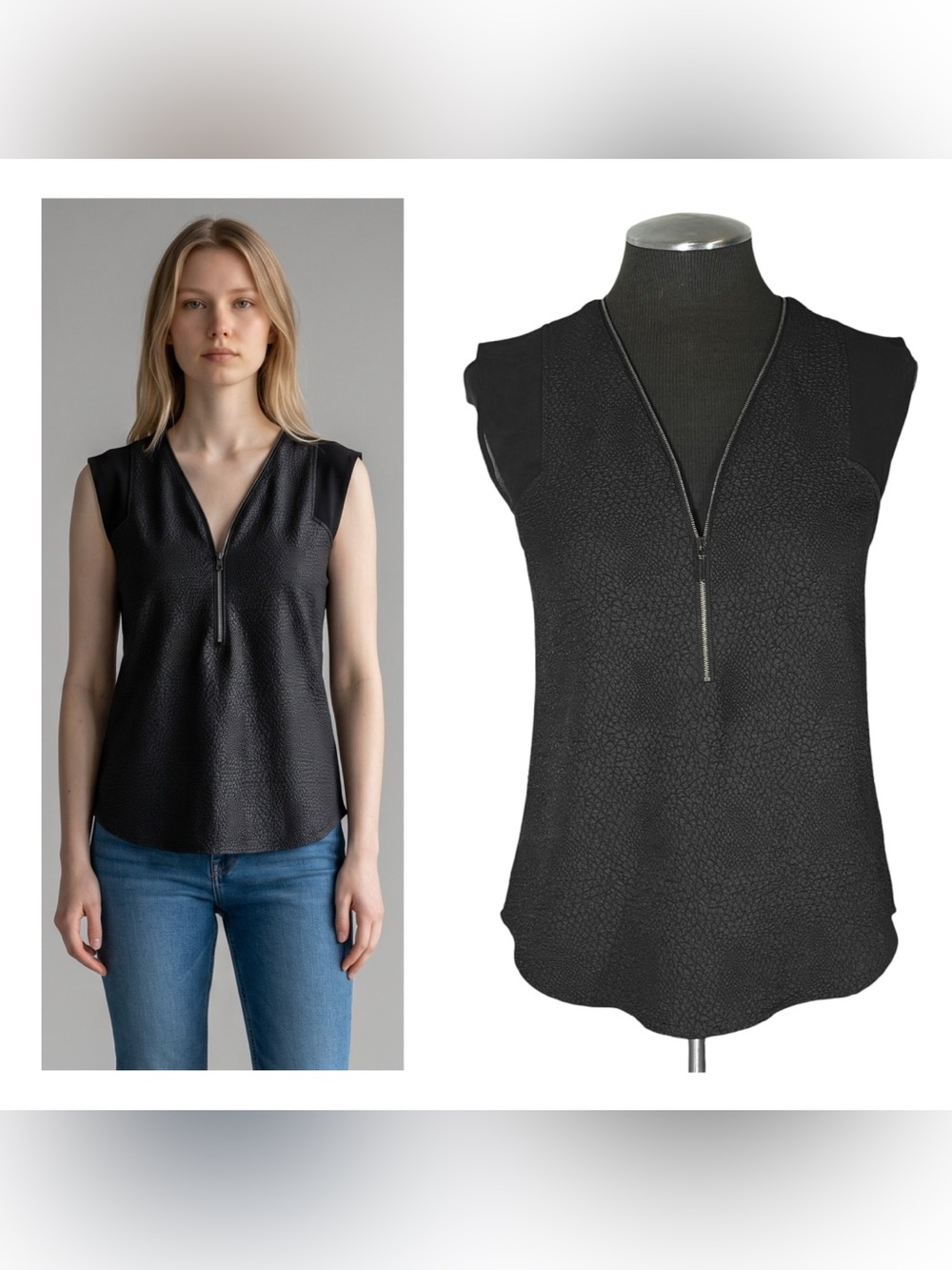 🆕 Calvin Klein – Sleeveless Textured Zip Front Sleeveless 90s Top – XS